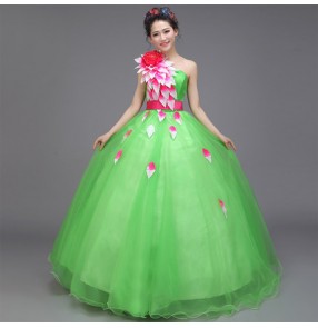 Green white light pink fuchsia hot pink one shoulder chiffon long length wedding party women's ladies female stage performance host opening dancing dresses outfits